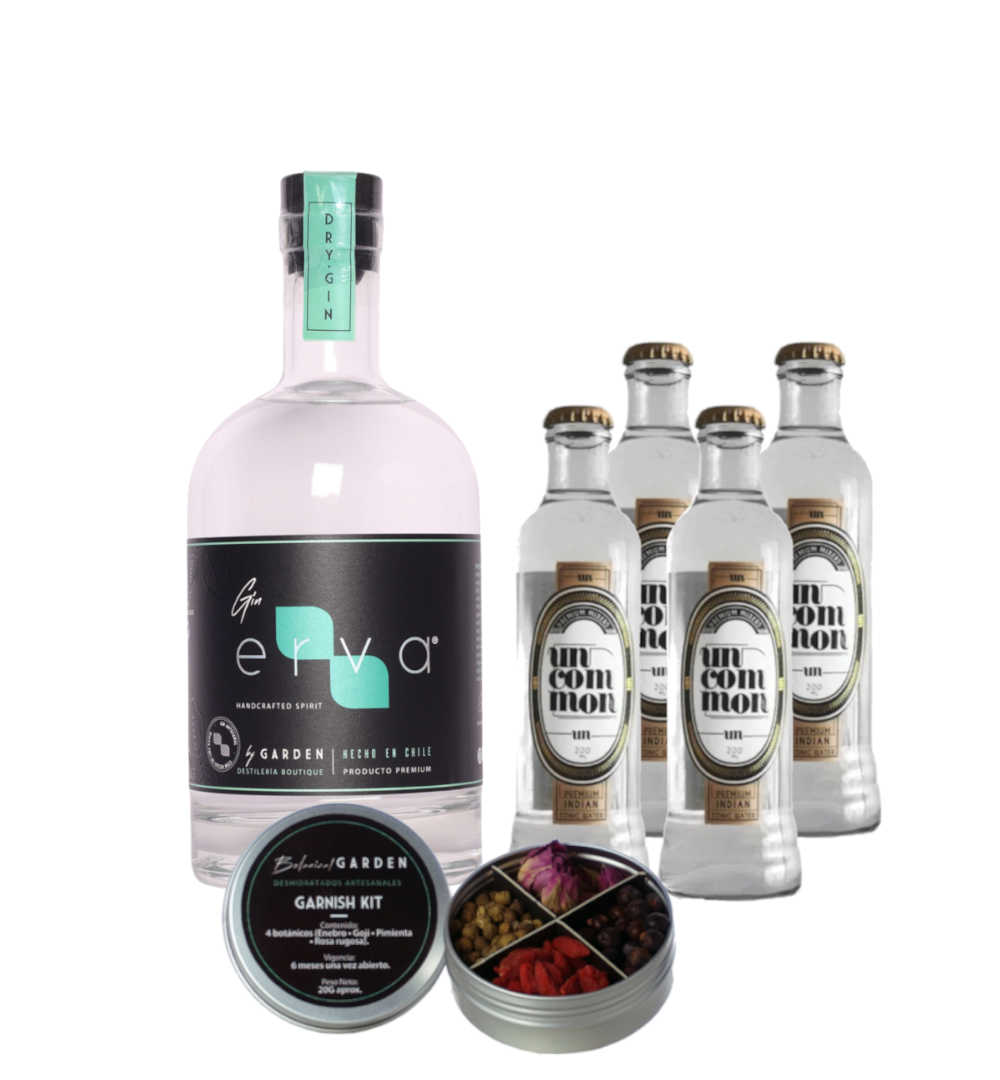 Pack Gin Erva + 4x Agua tónica Uncommon Mixers 200cc + Garnish Kit