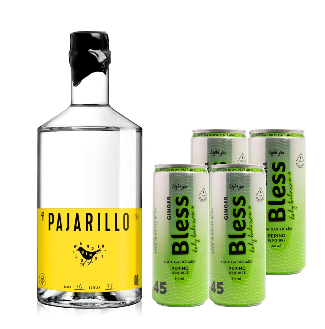 Pack Gin Pajarillo 700cc + 4x Ginger Bless 310ml - Pepino Jengibre