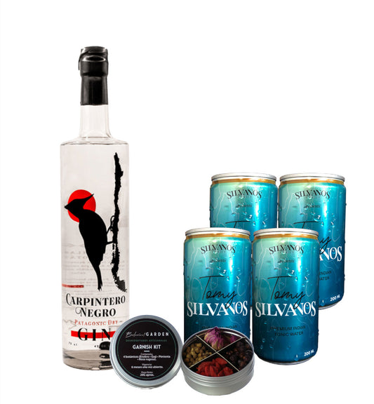 Pack gin tonic - carpintero negro - patagonic dry gin - agua tonica premium - silvanos - garnish kit - envios gratis